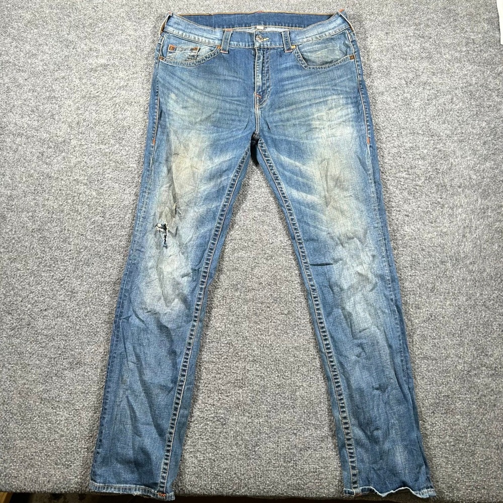 True Religion Jeans Mens Size 38 Blue Straight Leg Distressed Horseshoe Denim